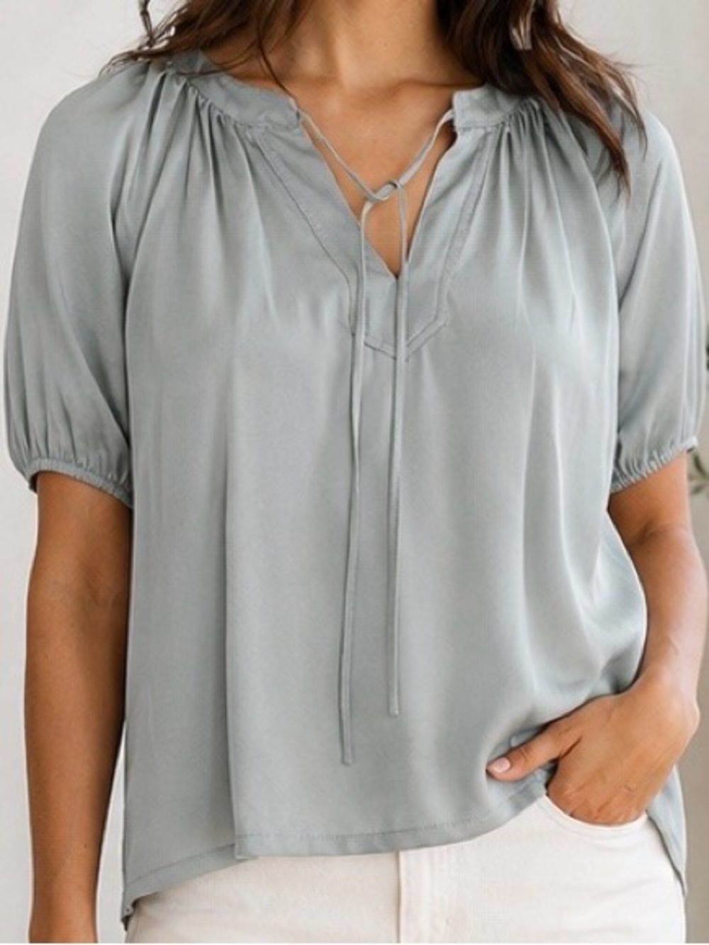 NWT Karen Kane ‘Satin Short Sleeve Peasant Top’ in “Sage Green” Size XS